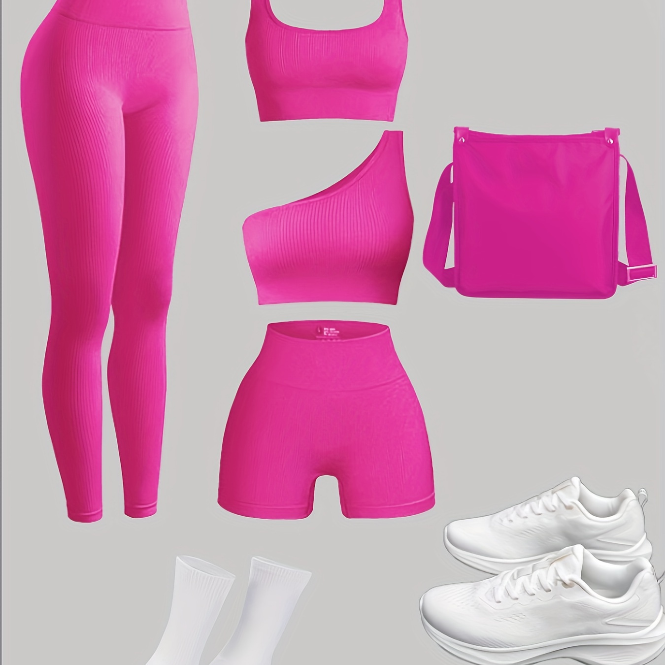 

4pcs Women's Workout Set, High-waist Leggings, Sports Bra, One-shoulder Crop Top, Bike Shorts, Stretch Fit Yoga & Athletic Wear