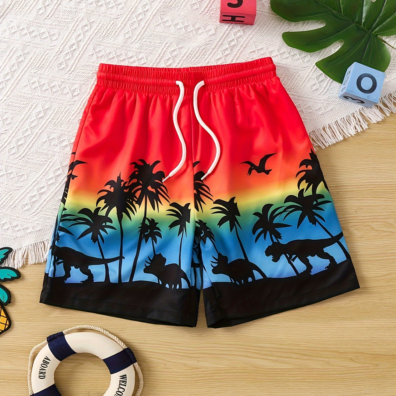 

Sunset Beach Pattern Quick Dry Swim Trunks For Boys, Elastic Waist Beach Shorts, Boys Swimwear For Summer Vacation