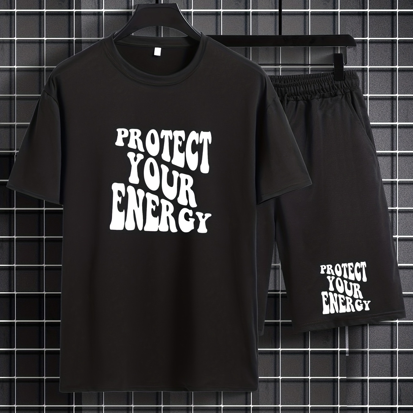 

''protect Your Energy'' Print Men's 2 Piece Casual Letter Graphic Short Sleeve T Shirt And Track Shorts Set Holiday Lounge Beach Sports Leisure Suit