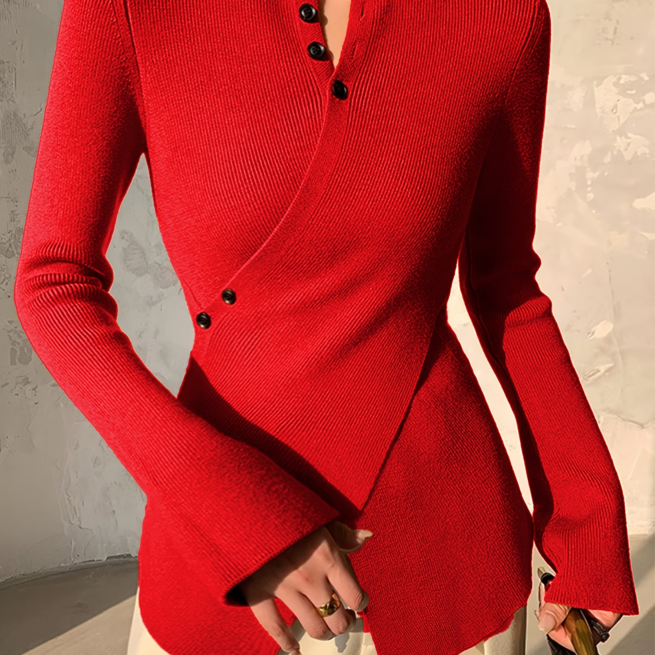 

New Arrival Women' Plain Color Button Design Long Sleeve Sweater Knitted Turtleneck