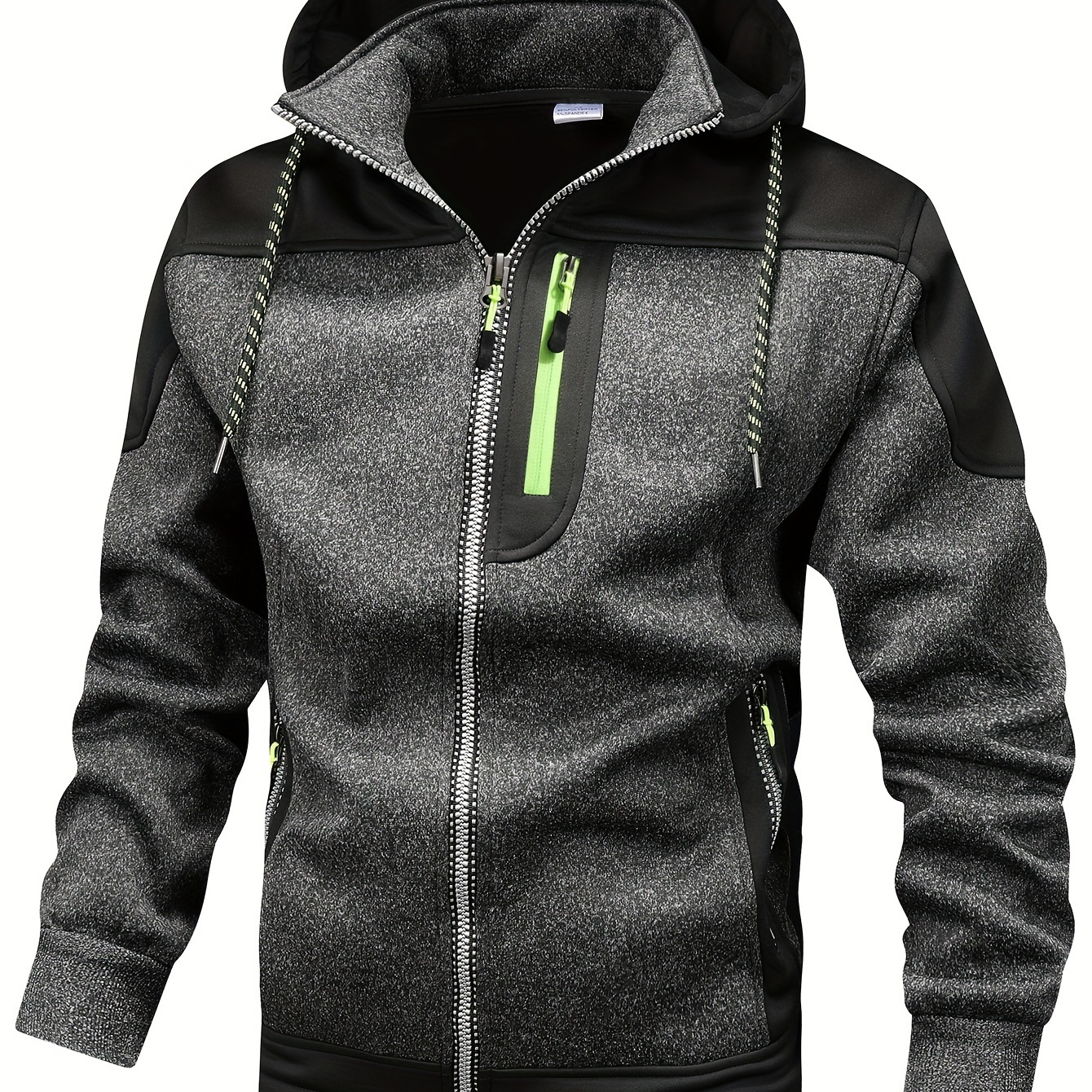 

Men's Detachable Hood Zip-up Jacket - Casual, Fleece-lined, Lightweight For Fall/winter Outdoor Activities, Running - Gray & Black With Green Accents, Polyester