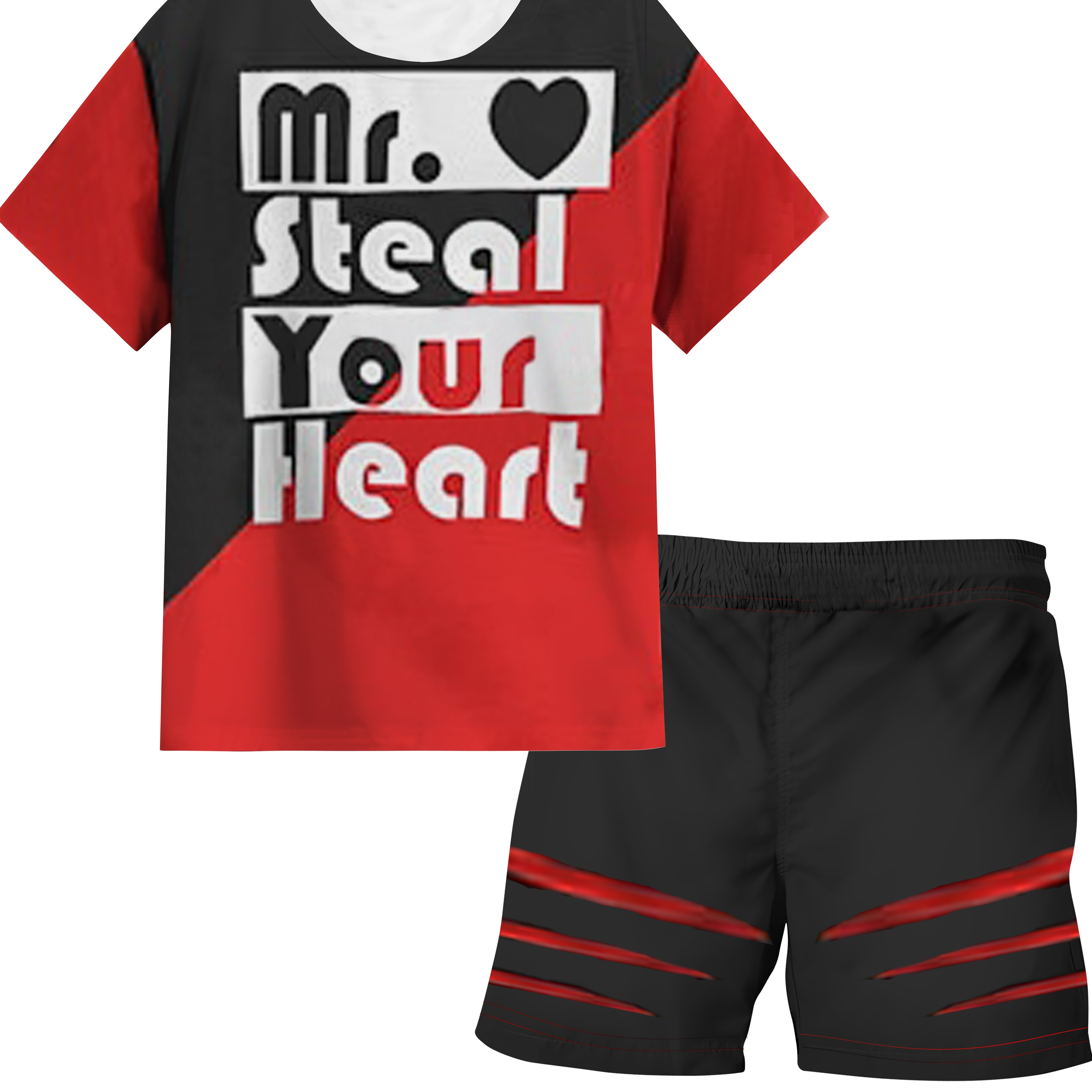 

2pcs Boys Casual Mr Steal Your Heart Letter 3d Graphic Print Short Sleeve T-shirt & Shorts Set, Comfy Summer Boys Clothes