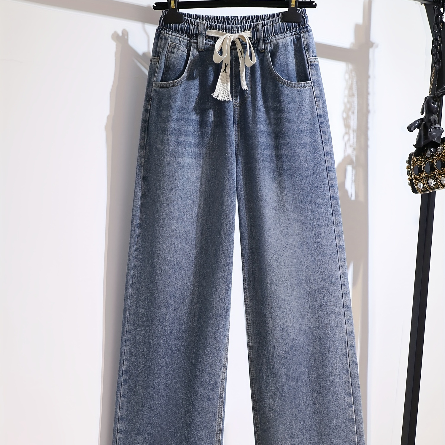

Women's Drawstring High Waisted Straight Denim Pants With Pockets, Elastic Waist Wide Leg Loose Jeans For Women, Non-stretch, Women's Denim Jeans & Clothing