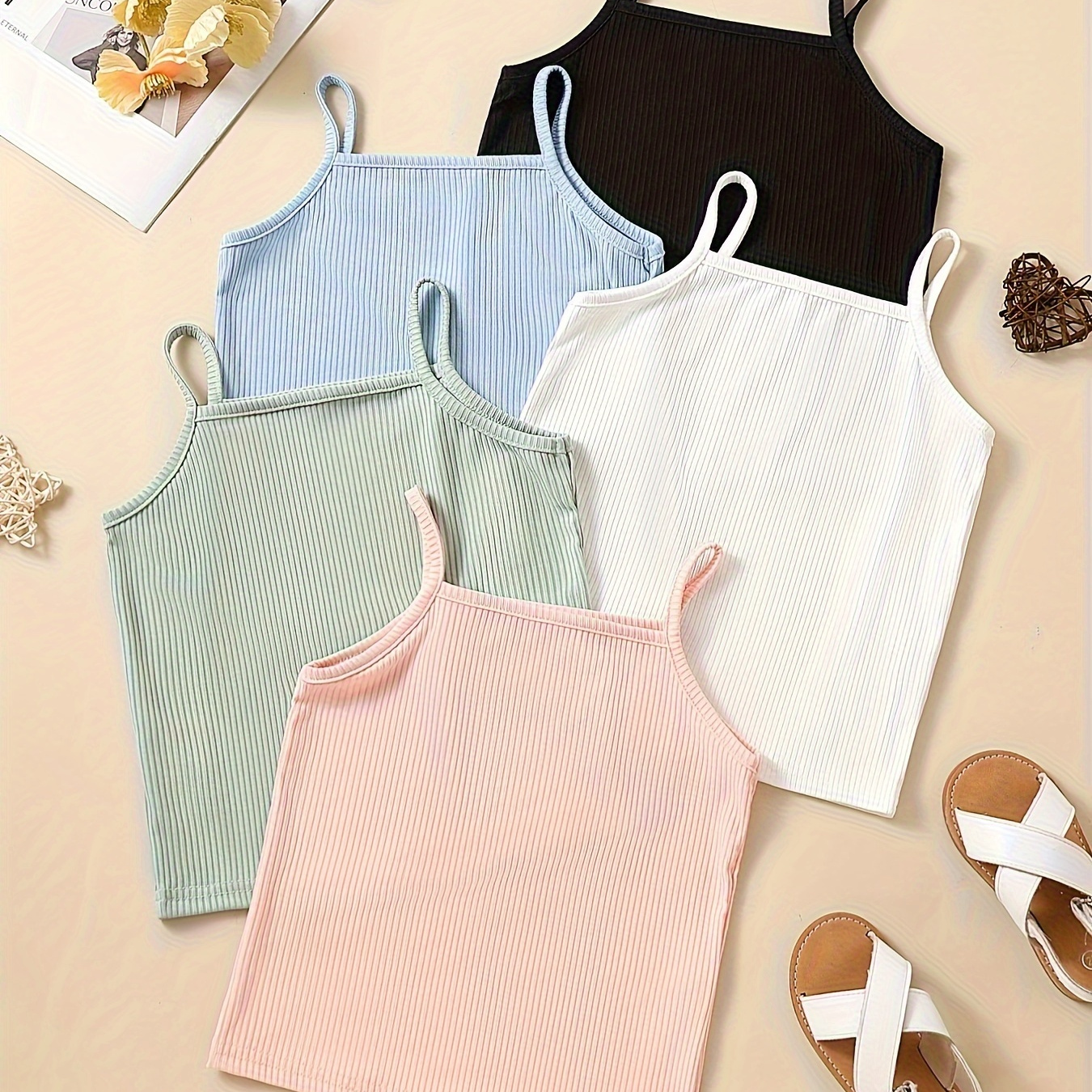 

5pcs Toddler Girls Ribbed Knit Casual Cami Top Kids Summer Clothes