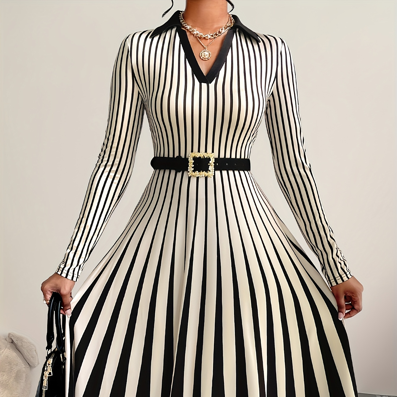 

Women's Elegant Striped Collar Dress, Fall 2024 Casual Long Sleeve Midi Peplum, 92% Polyester 8% Elastane Knit Fabric, 200g/m²,