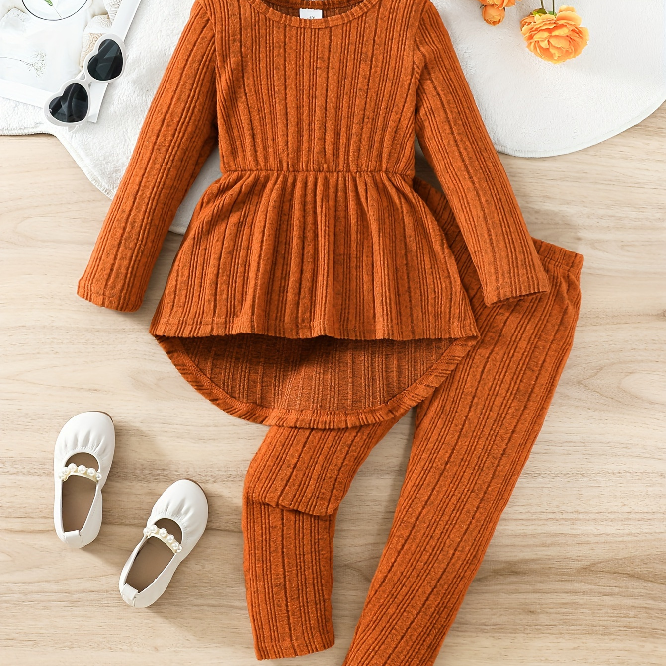 

2pcs Ribbed Knit Outfits Long Sleeve Top+jogger Pants Set Kids Clothes For Spring Fall Christmas Party Gift