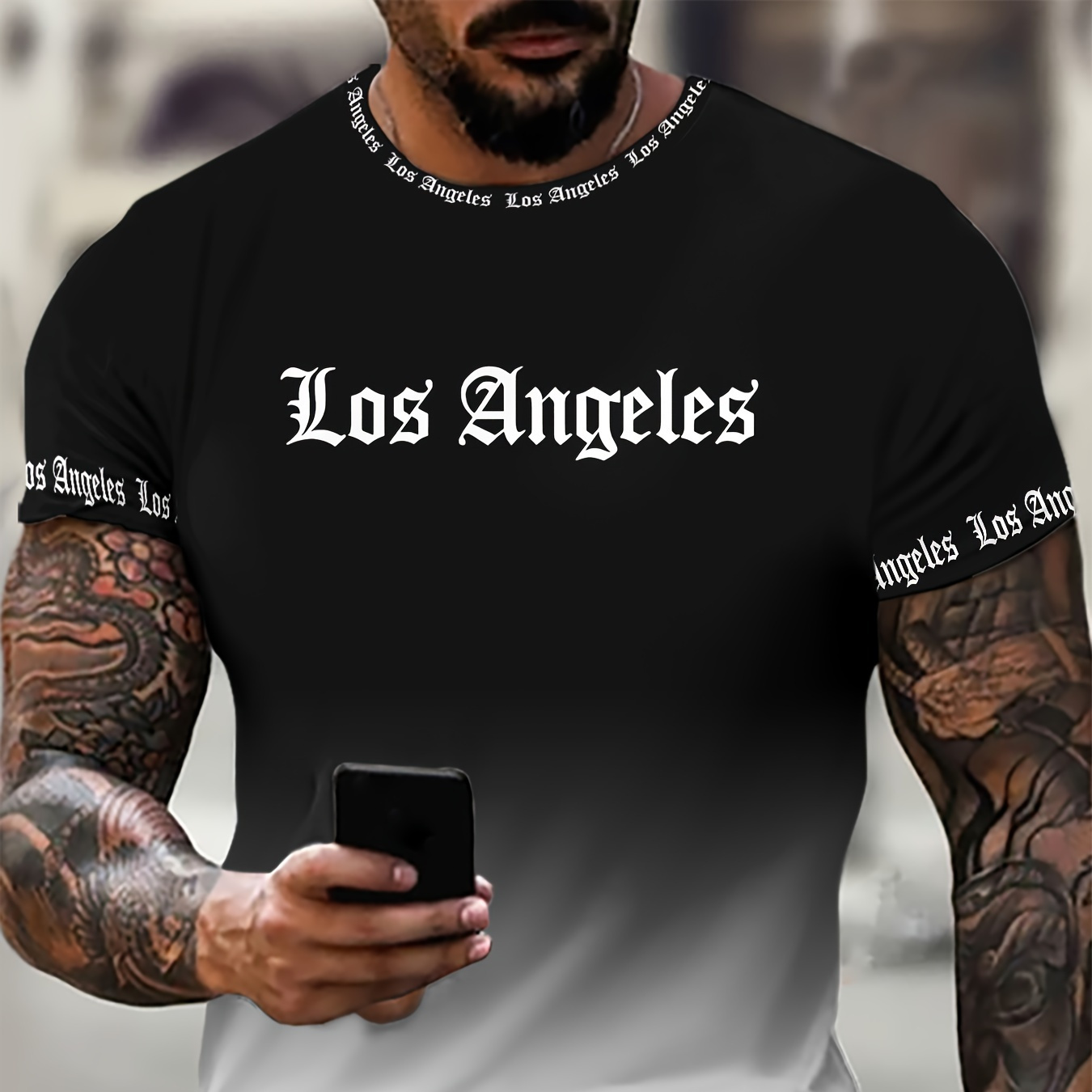 

Men's Los Angeles Graphic Tee - Comfortable Polyester , Casual Crew Neck T-shirt With La Letter Print, Machine Washable, Summer Streetwear For Men, Pattern, Fashion