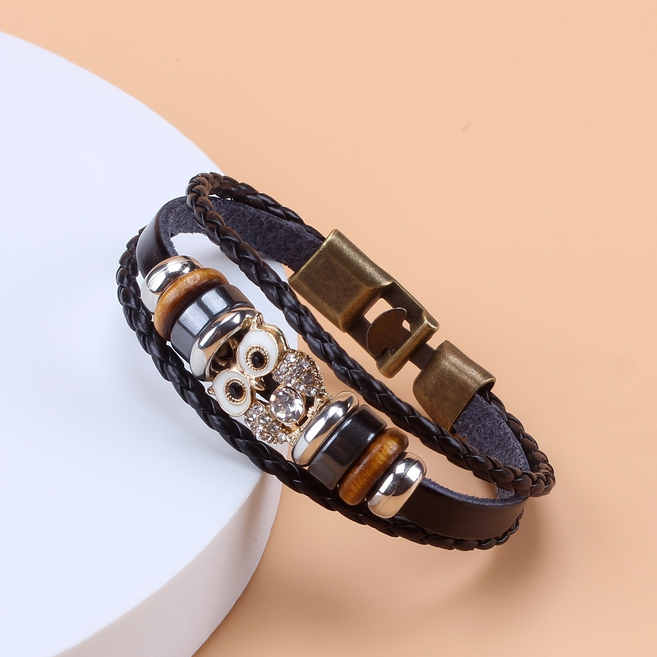 

Owl Shape Pu Leather Bracelet Inlaid Shiny Zircon Vintage Style Hand Jewelry Decor