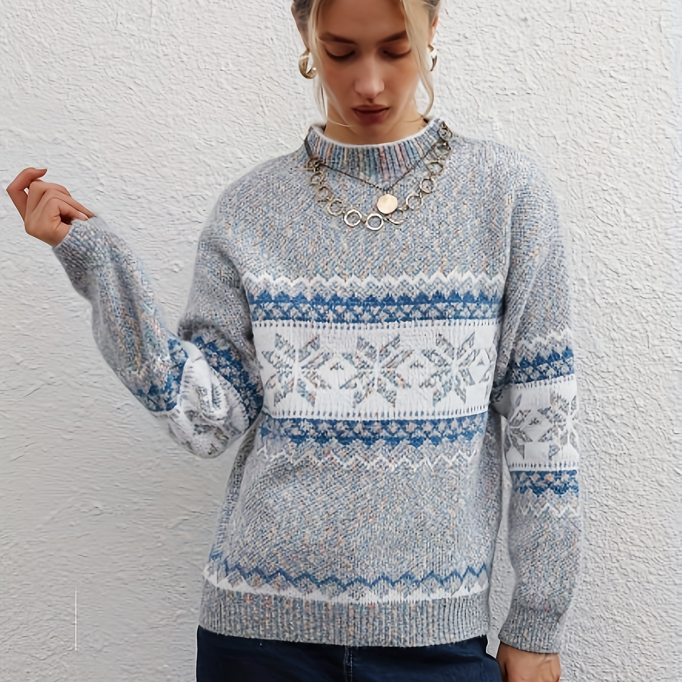 

Pattern Mock Neck Pullover Sweater, Cute Long Sleeve Sweater, Women's Clothing