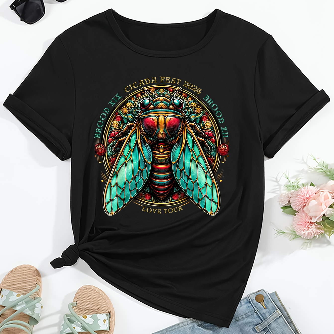 

Insect Print Casual T-shirt, Crew Neck Short Sleeves Sports Tee, Women's Comfy Tops