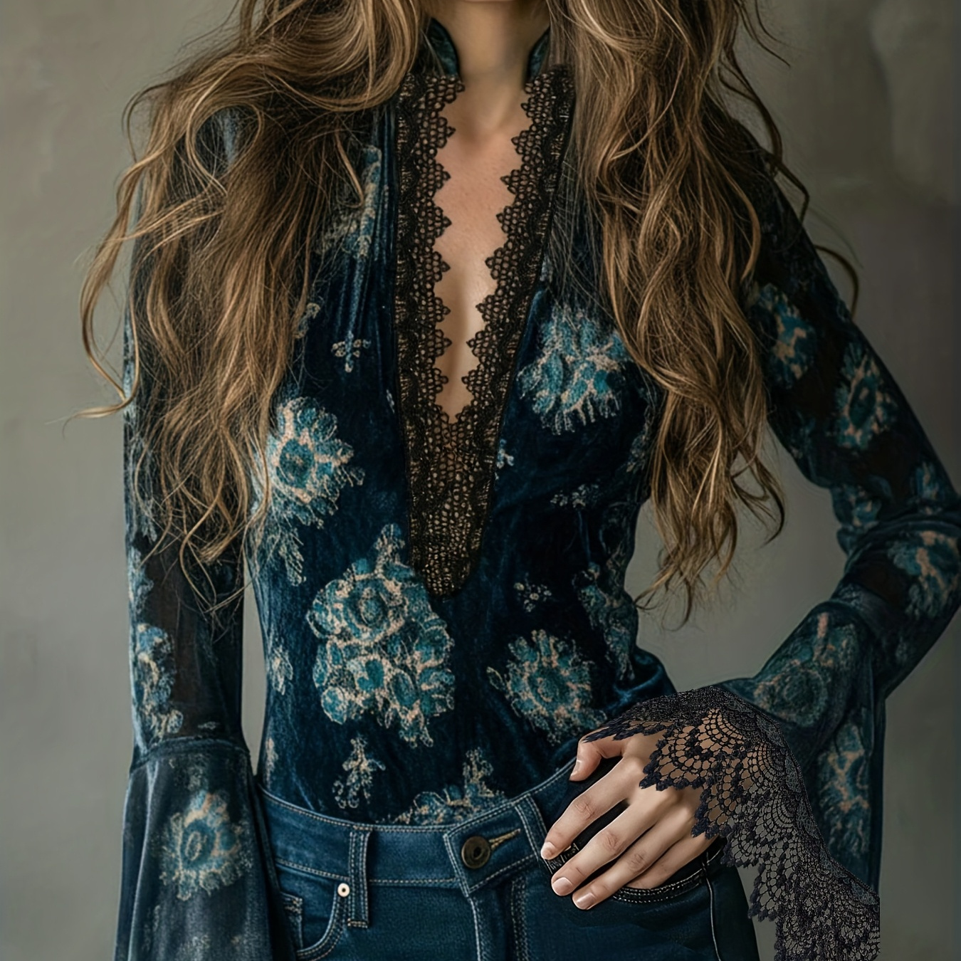 TEMU Women's Vintage Velvet Long-sleeve Shirt, Beautiful Ladies' Blouse, Lace Patchwork Pullover Top, Medium Stretch Fashion Shirt, Indoor Christmas Holiday Party Outfit Top,