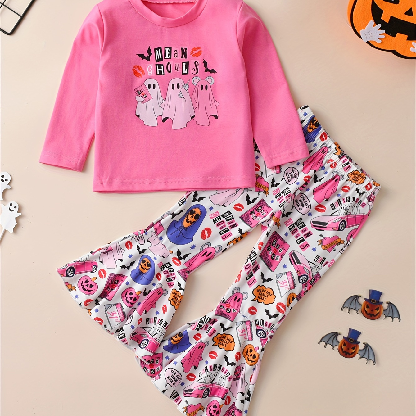 

2pcs Cartoon Mouse Ghosts Graphic Pullover + Pumpkin Print Flare Pants Set, Comfy Outfits Autumn Clothes For Girls Halloween