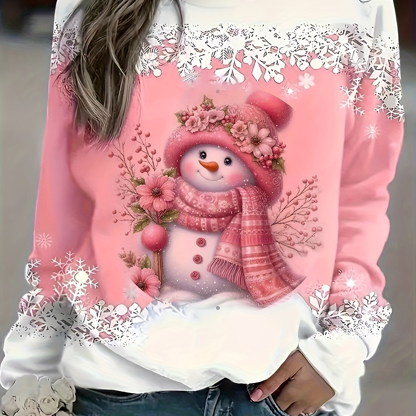 

Plus Size Women's Christmas Snowman & Floral Print Long Sleeve T-shirt - Casual Crew Neck, Stretchy Polyester , Opaque - Fall/winter