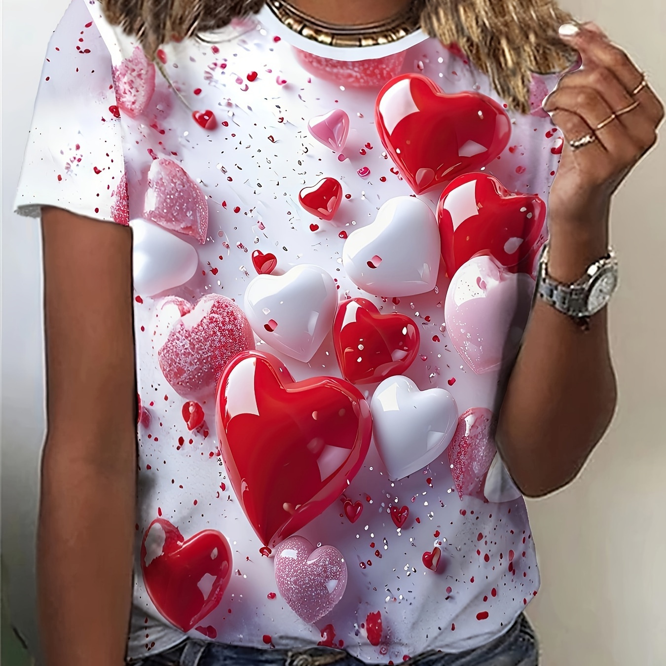 

Heart Neck T-shirt, Casual Short Sleeve Top For , Women's Clothing