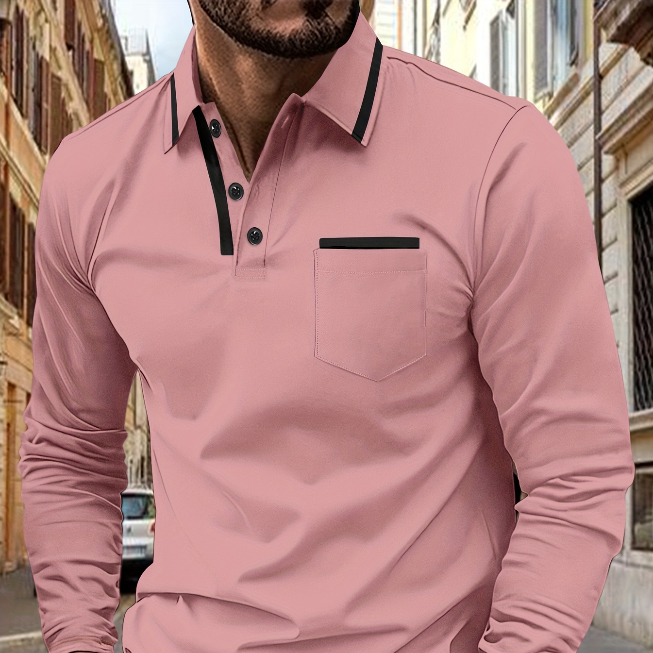 

Men's Casual Long Sleeve Polo Shirt, Solid , Polyester 95% Spandex 5%, Slight Stretch Knit Fabric, Fall Loose Fit With Lapel Collar And Half - 220g/m²