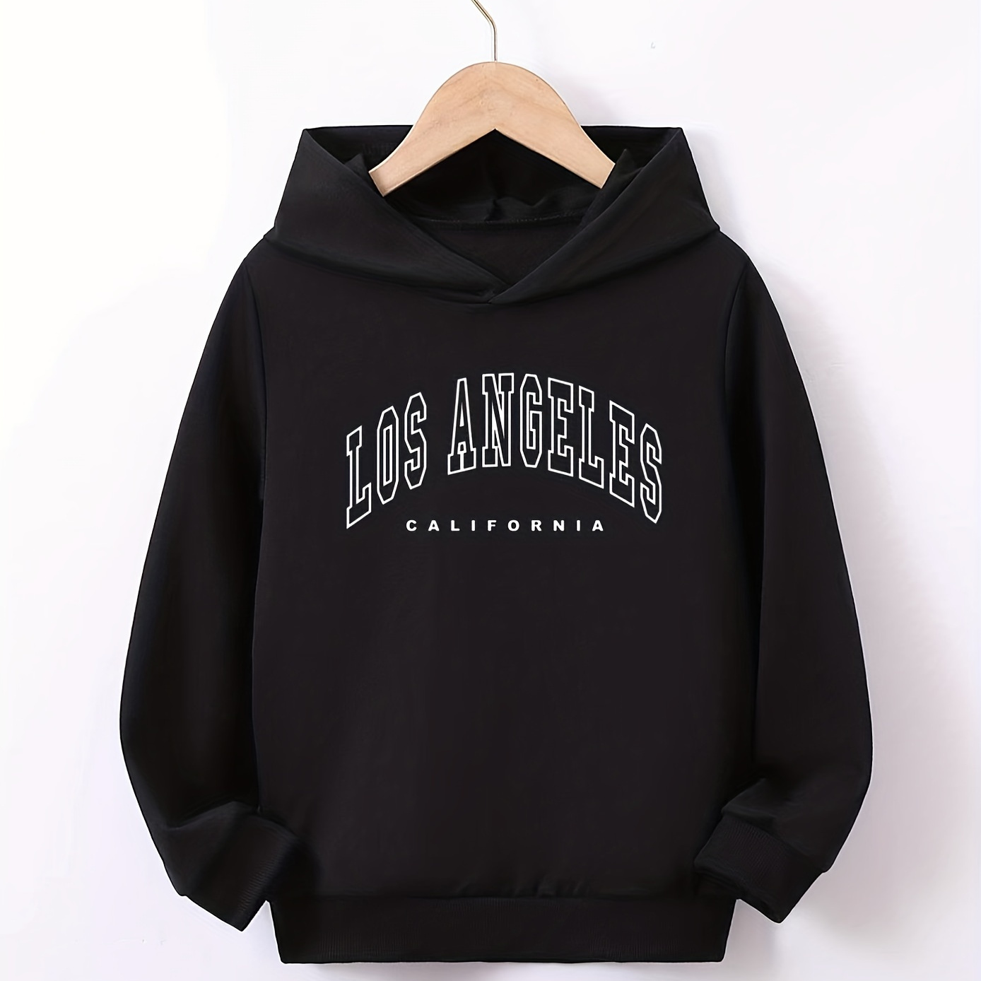 LOS ANGELES Letter Print Boys Casual Pullover Hooded Long Sleeve Sweatshirt For Spring Fall, Kids Hoodie Tops Outdoor