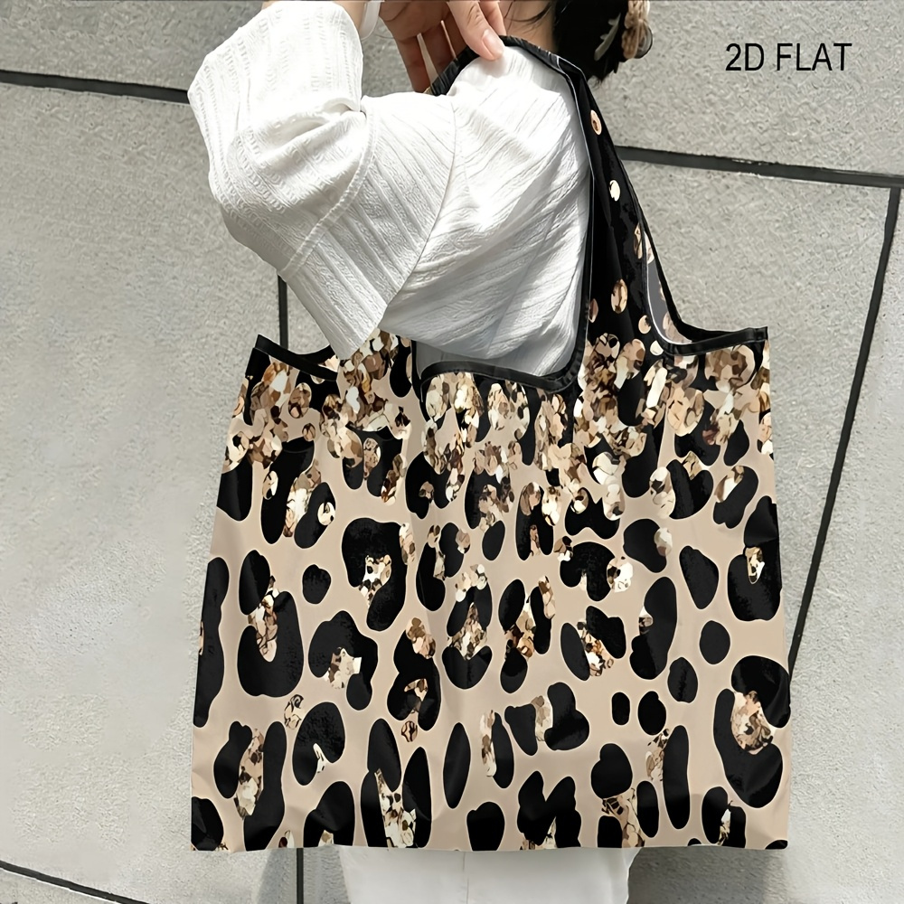 TEMU 1 sac de courses réutilisable à plier facilement, motif léopard à dorés dégradés noir, sac fourre-tout léger , pliable en petite pochette pour