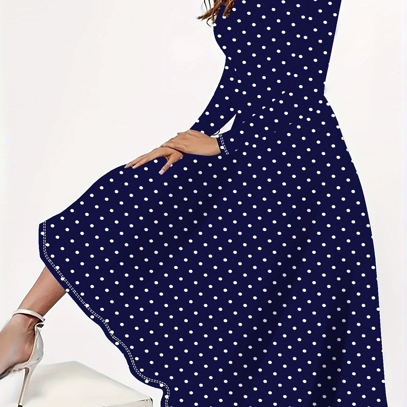 

Elegant Plus Size Polka Dot Maxi Dress - Long Sleeve, Round Neck With Stretch Fabric For Women