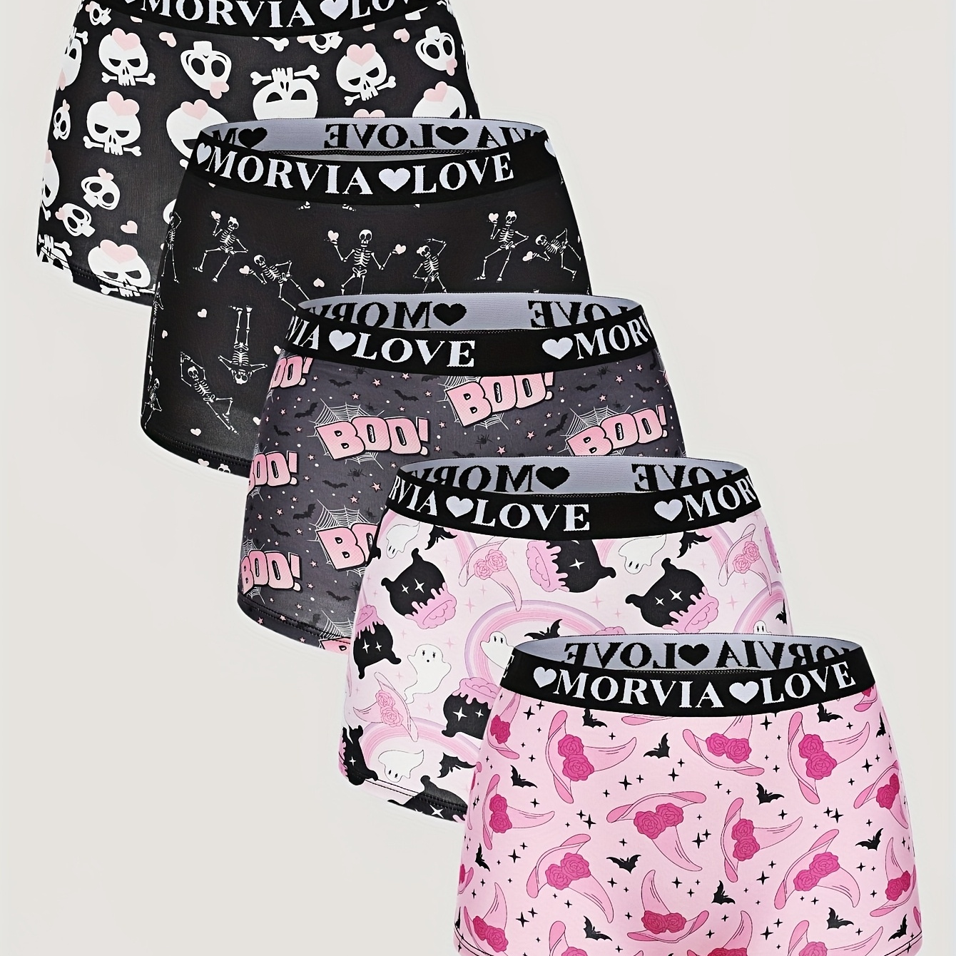 5pcs Women Gothic Halloween Pink Carttons Gothic Letters & Spider Web All Over Print Contrast Binding Boyshorts, Comfy & Sofy & Silky Elastice Waist Intimates Panties, Women's Lingeries & Underwear