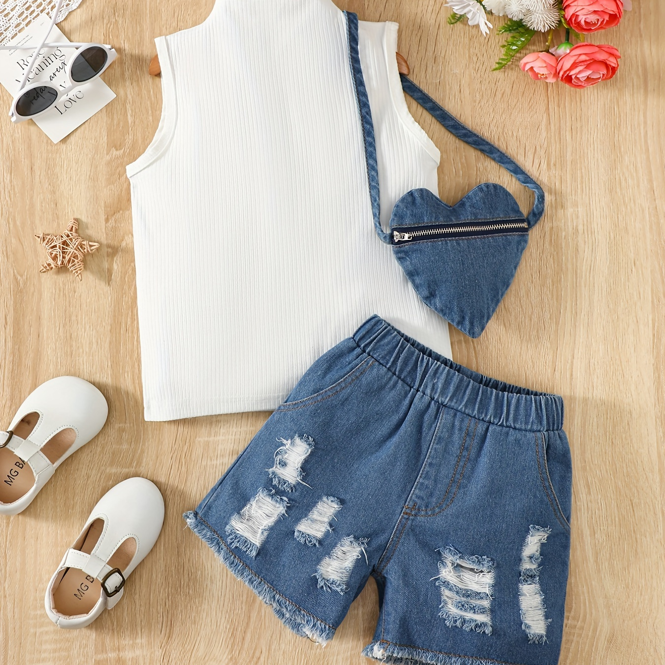 3pcs Toddler Girls Outfit Rib Knit Sleeveless Top + Ripped Denim Shorts + Zipper Denim Heart Bag Set