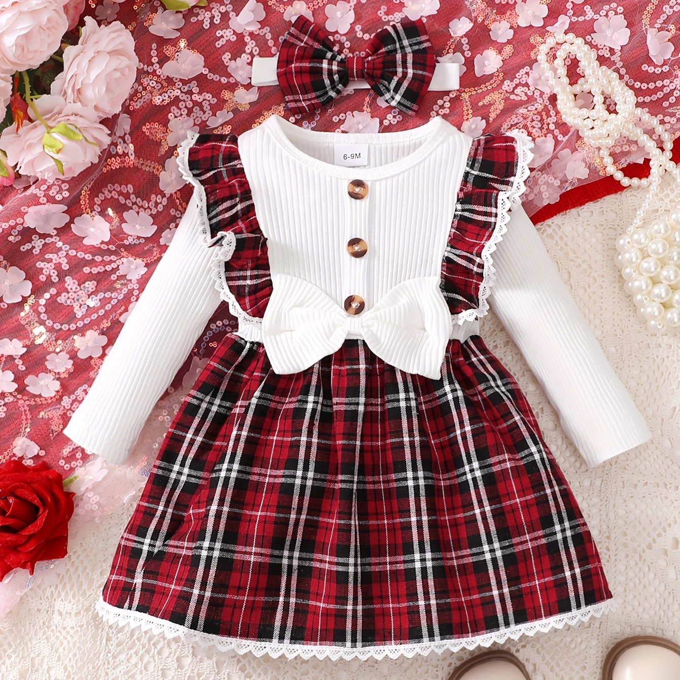 

Robe de mode décontractée en coton à manches longues à rayures pour fille bébé avec jupe en tartan