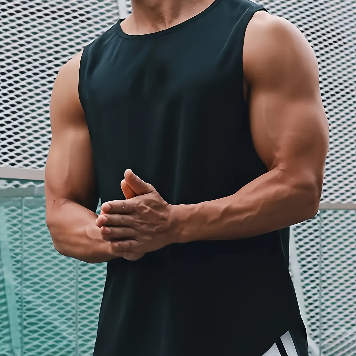 

Men's Loose Solid Tank Top, Active Crew Neck Sleeveless Top, Men's Clothing For Summer Outdoor
