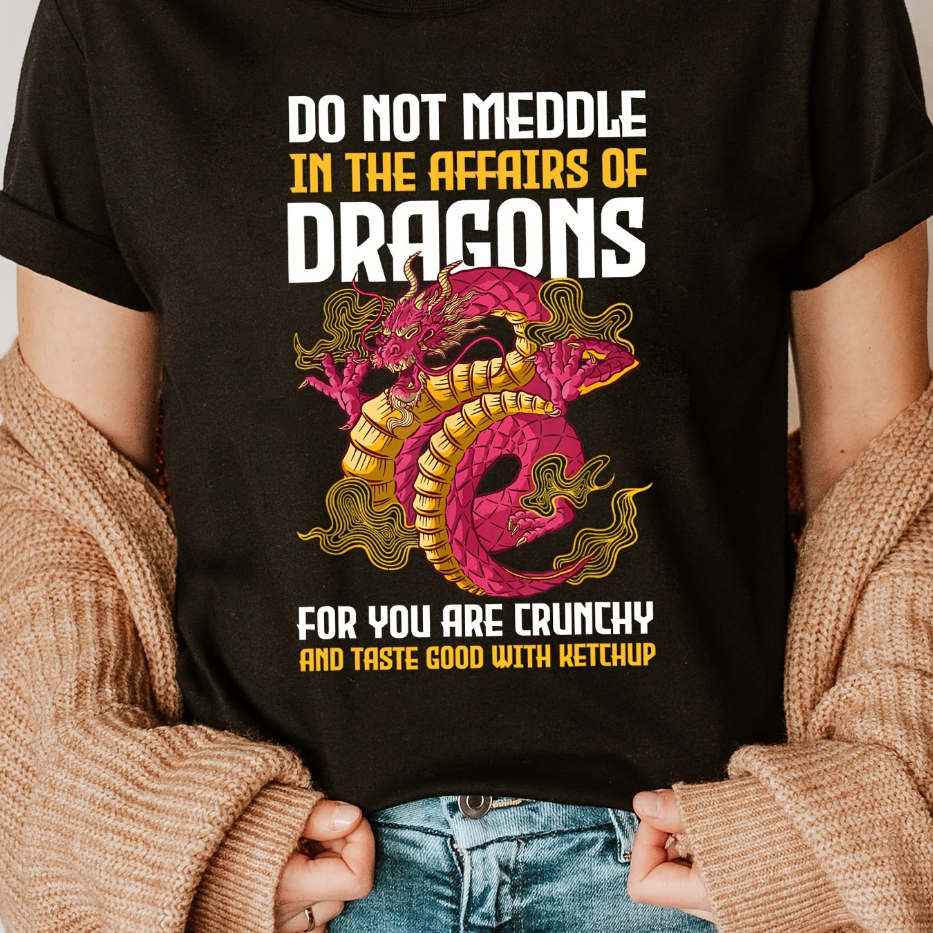 

Dragon Print Crew Neck T-shirt, Casual Short Sleeve T-shirt For Spring & Summer, Women's Clothing