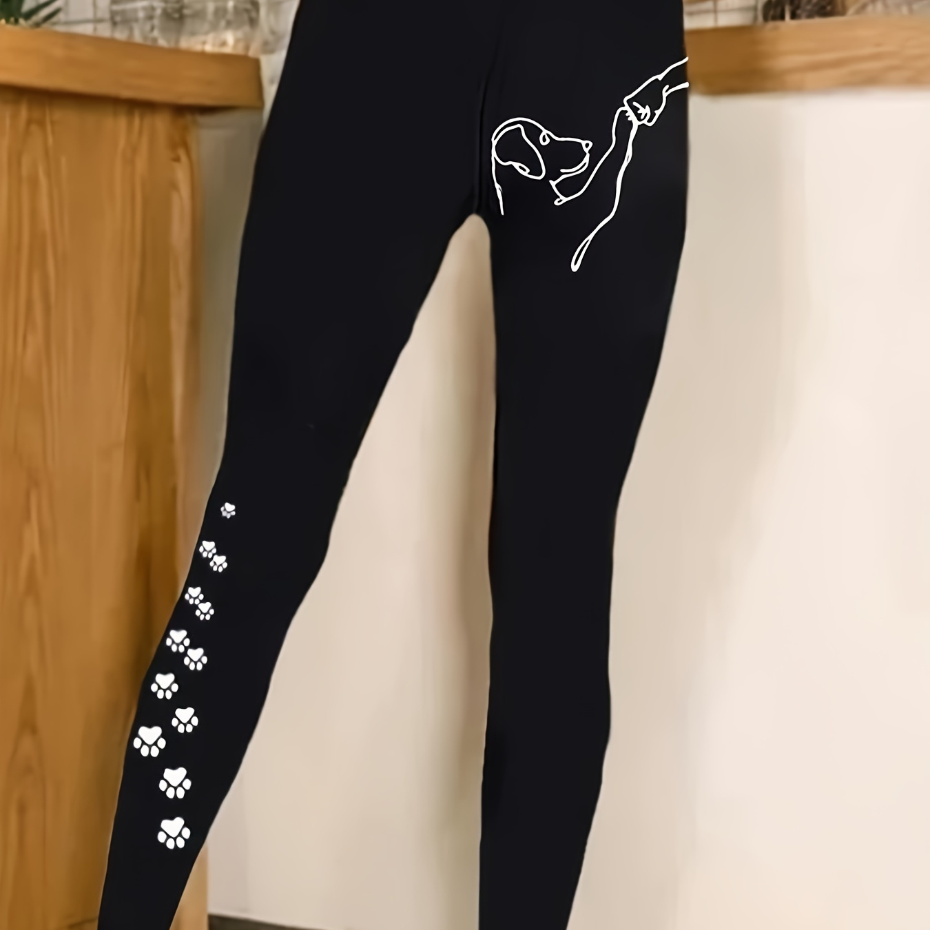 

Dog & Paw Graphic Print Skinny Leggings, Casual Slight Stretch Knitted Leggings For Spring & Fall, Women's Clothing