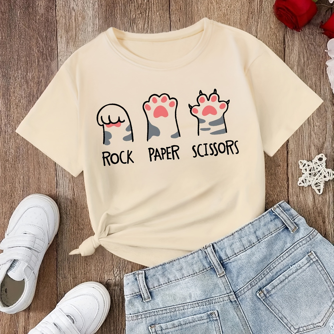 

Rock Paper Scissors & Cartoon Cat Paws Graphic Print Tee, Tween Girls' Stylish & Comfy Crew Neck Short Sleeve T-shirt For Spring & Summer, Tween Girls' Clothes For Everyday Life