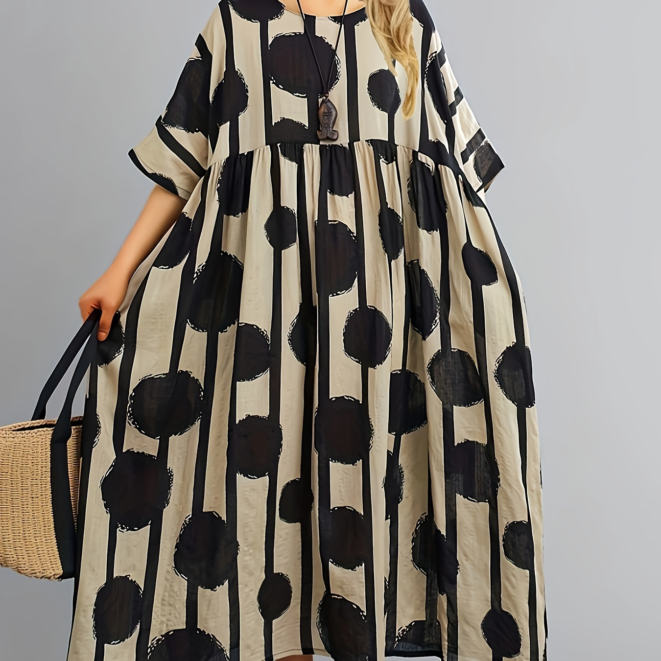 

Plus Size Polka Dot & Line Print Loose Dress, Casual 3/4 Hort Sleeve Dress For Spring & Summer, Women's Plus Size Clothing