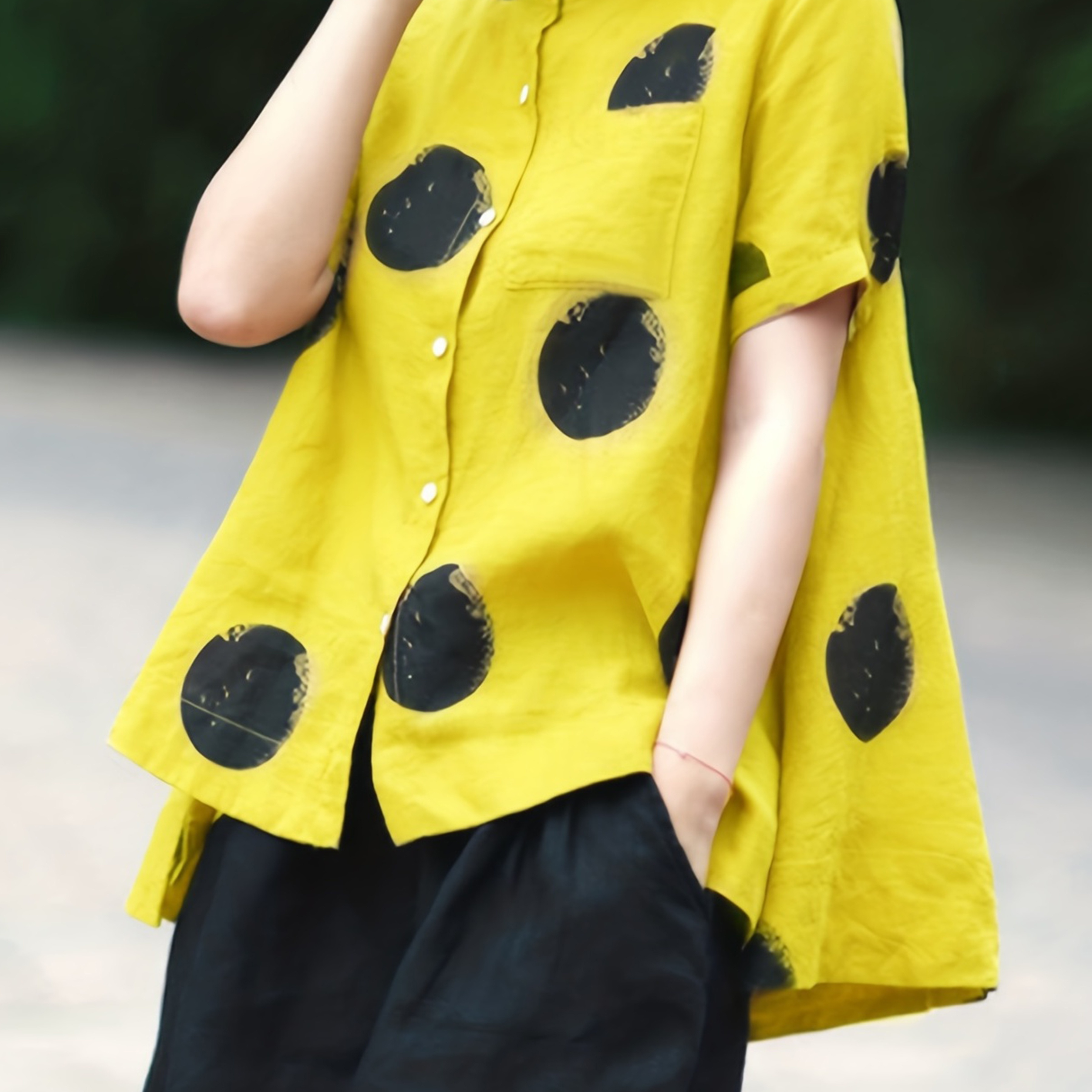 Polka Dot Print Blouse, Vintage Button Front Short Sleeve Blouse, Women's Clothing