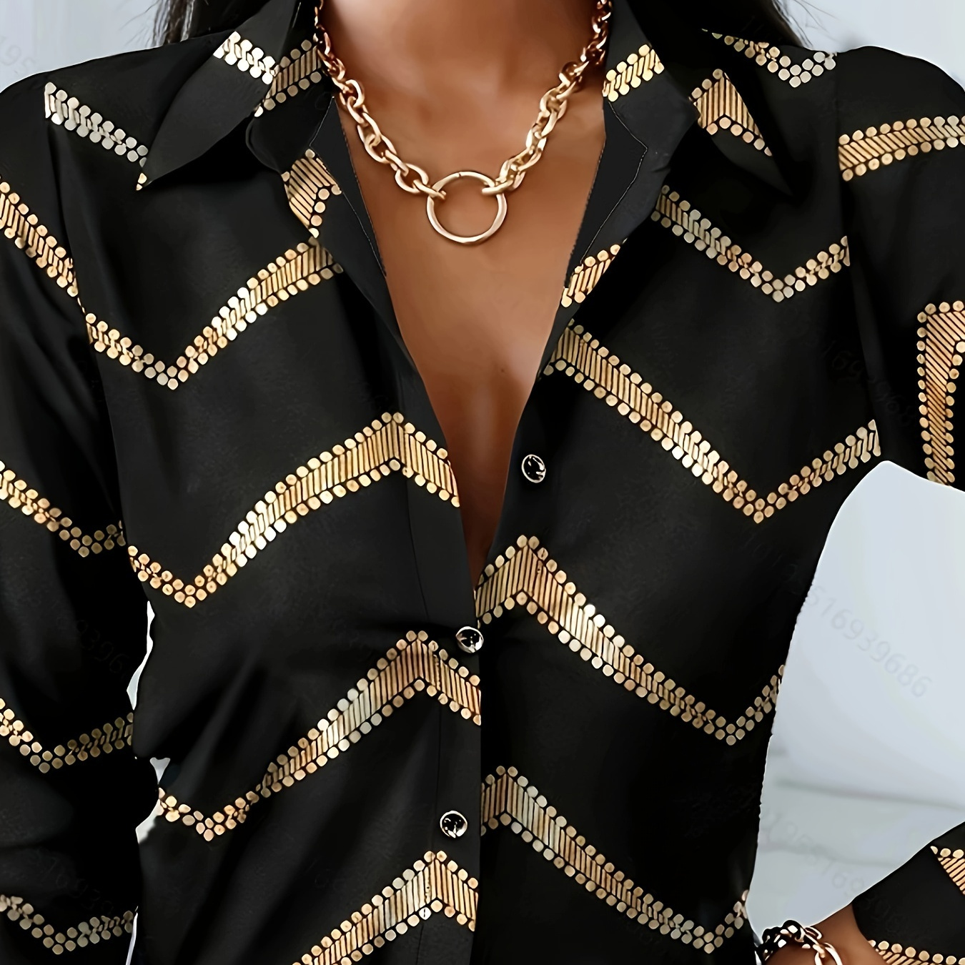 

Elegant Long Sleeve Button-up Blouse With Metallic Chevron Chain Print, 100% Polyester Woven Fabric, Middle-eastern With Spread Collar, Spring/fall Collection