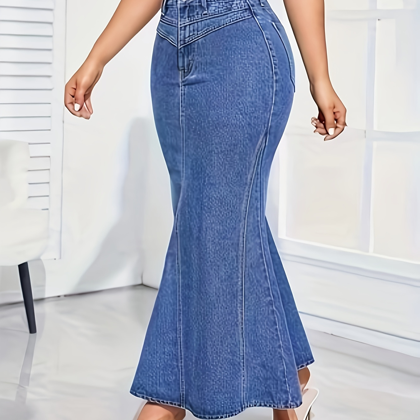 

Women's Chic High-waist Stretch Denim Mermaid Skirt - & Fashionable, Design With Pockets, Machine Washable, Spring/summer/fall