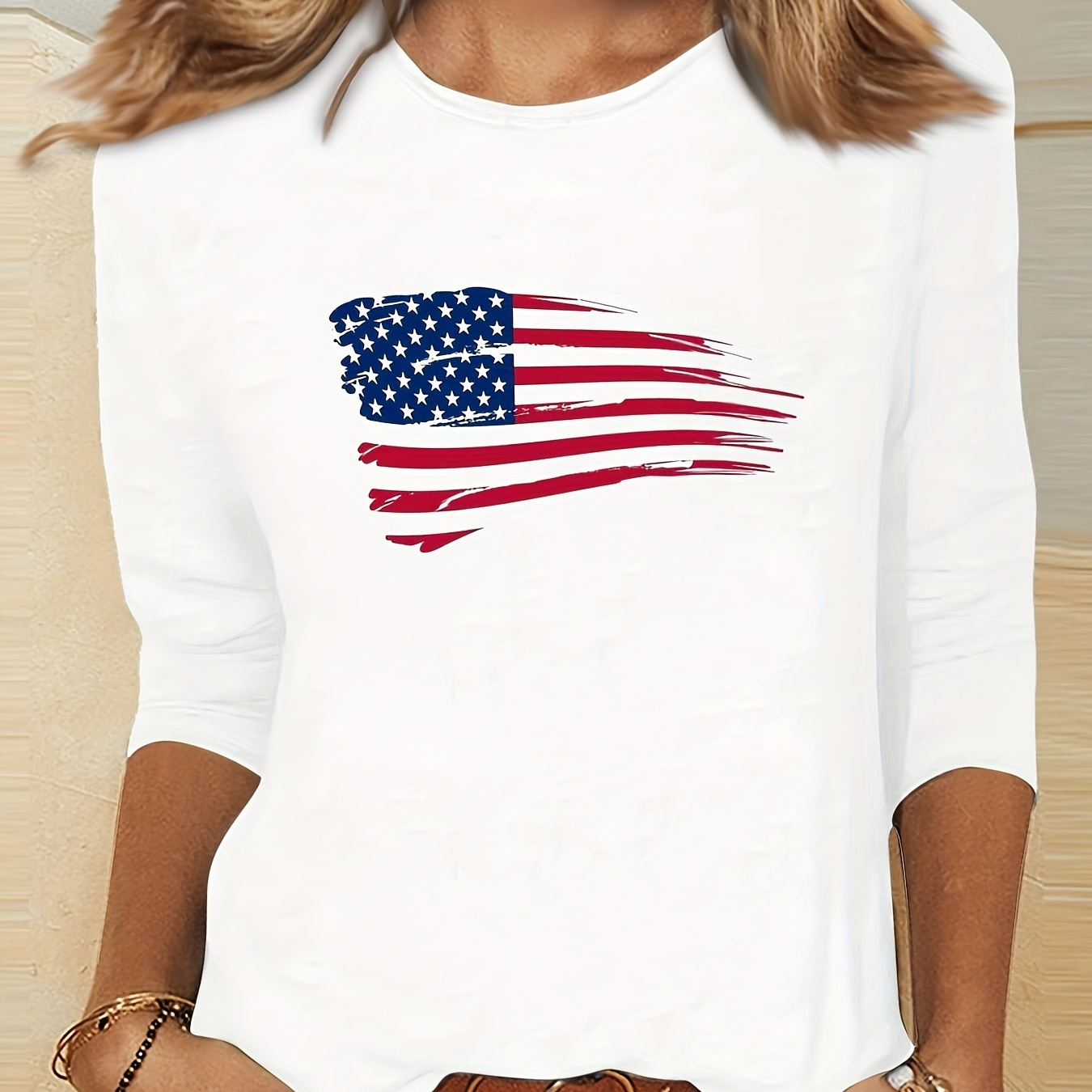

American Print Crew Neck T-shirt, Elegant 3 Quarter Sleeve T-shirt For Spring & Fall, Women's Clothing