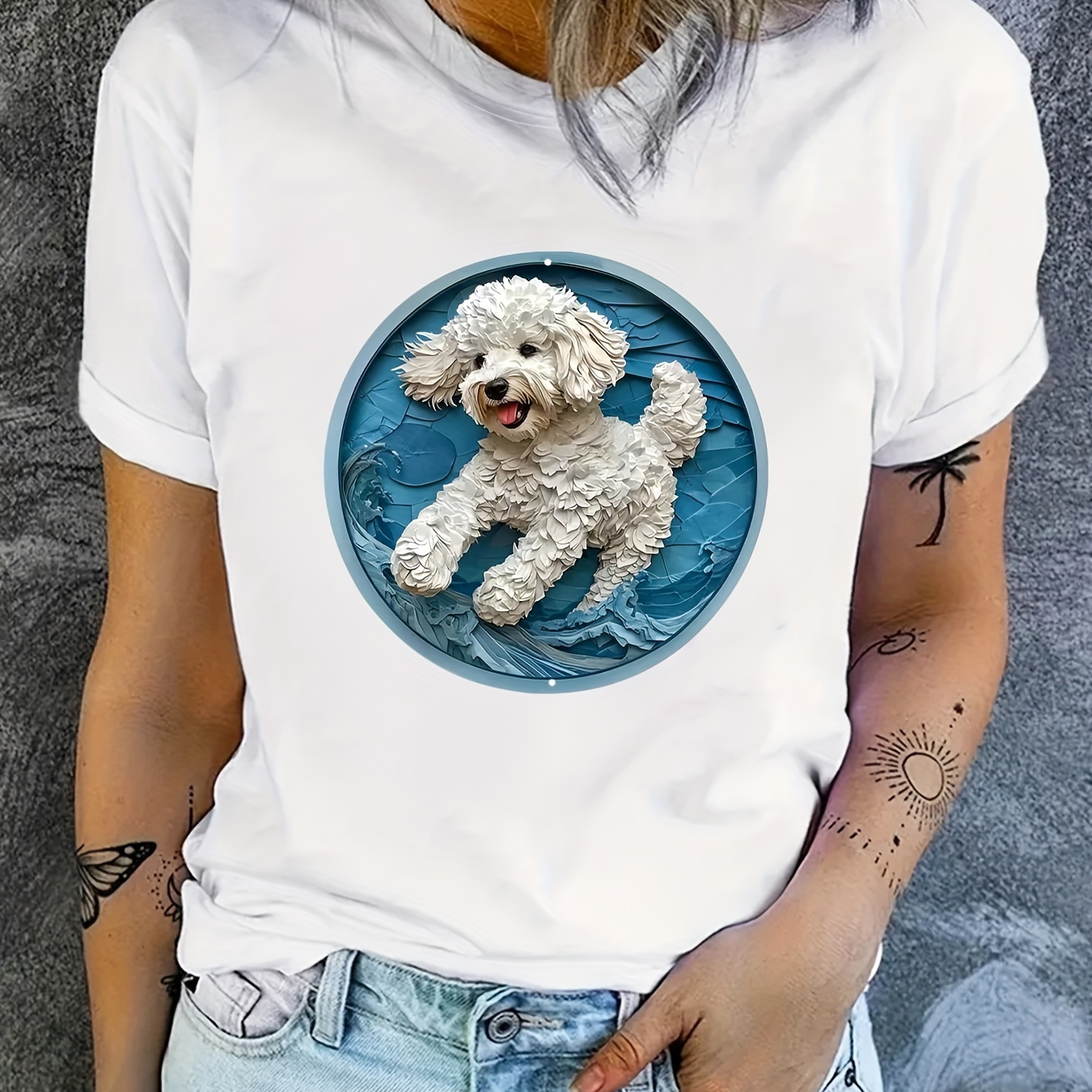 

Three-dimensional Puppy Print T-shirt, Short Sleeve Crew Neck Casual Top For Summer & Spring, Women's Clothing