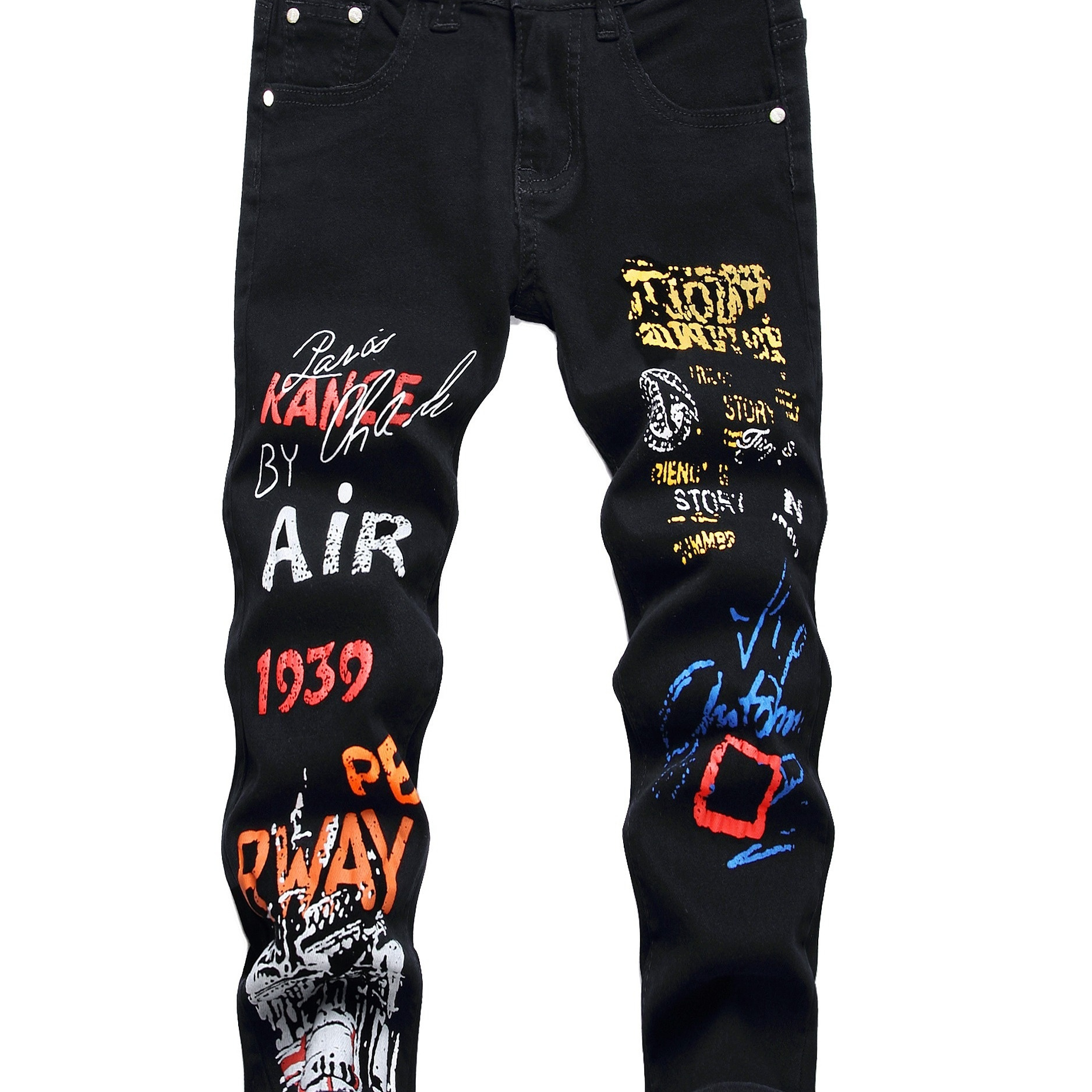 

Boys Fashion Graffiti Letter Print Mid Stretch Jeans Skinny Slim Fit Washed Denim Long Pants, Kids Clothing