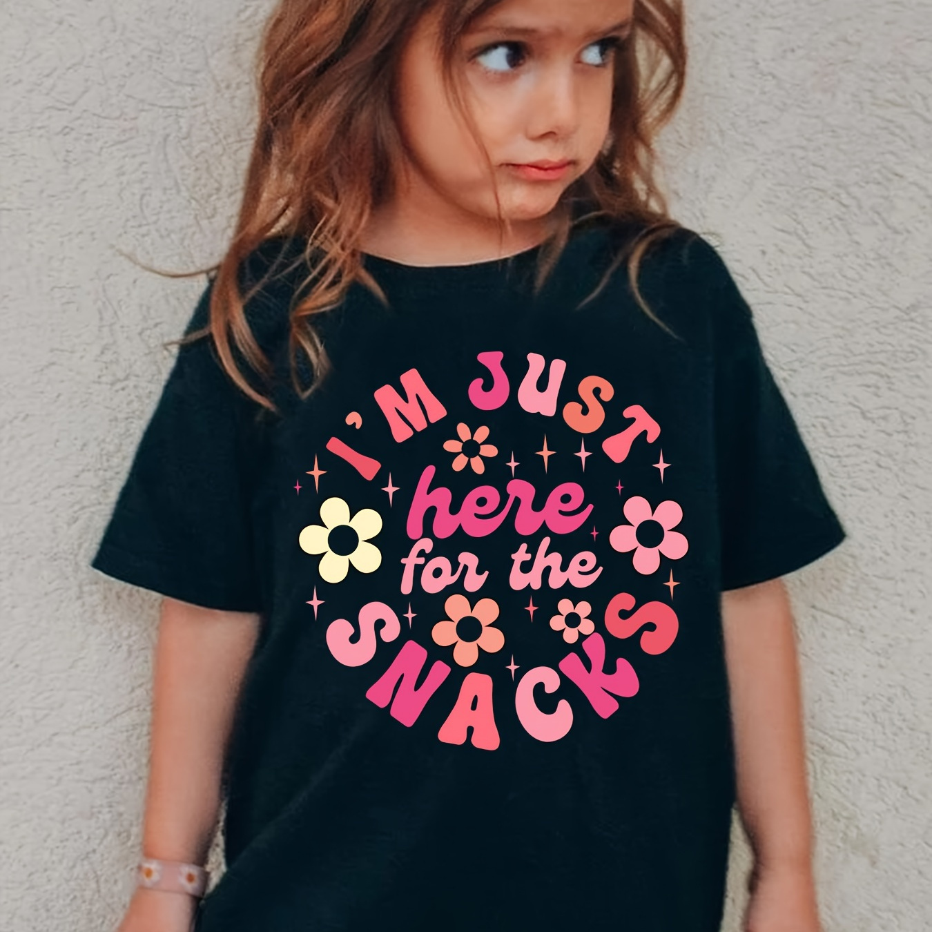 

I'm Just Here For The Snacks & Flowers Tee, Girls Comfy & Trendy T-shirt For , Girls Clothes For Outdoors