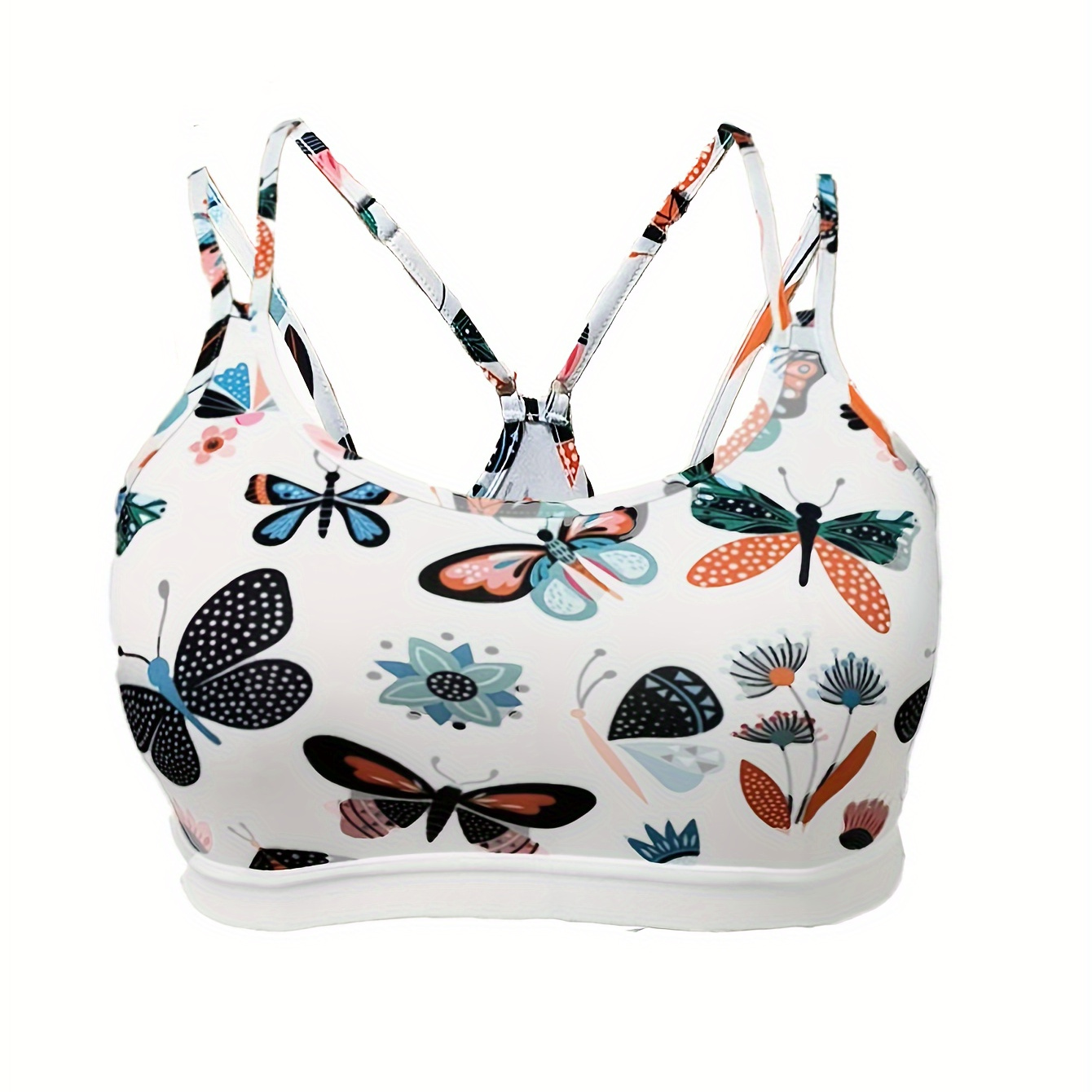 

Women's Plus Sports Bra, Plus Size Floral & Butterfly Print Non Padded Halter Bralette