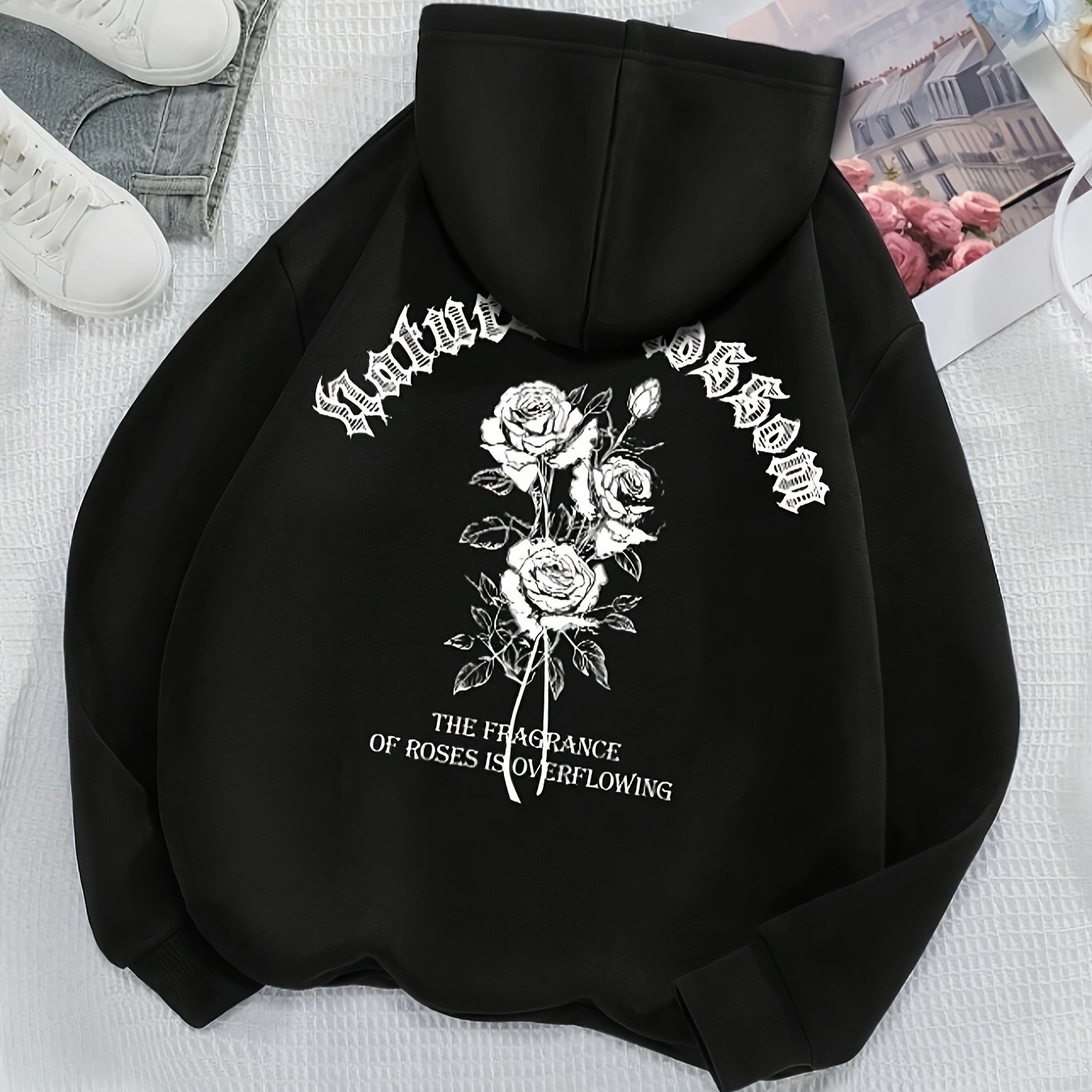 

Sweat à capuche imprimé rose, sweat-shirt à capuche décontracté avec cordon de serrage pour l'hiver et , vêtements pour femmes