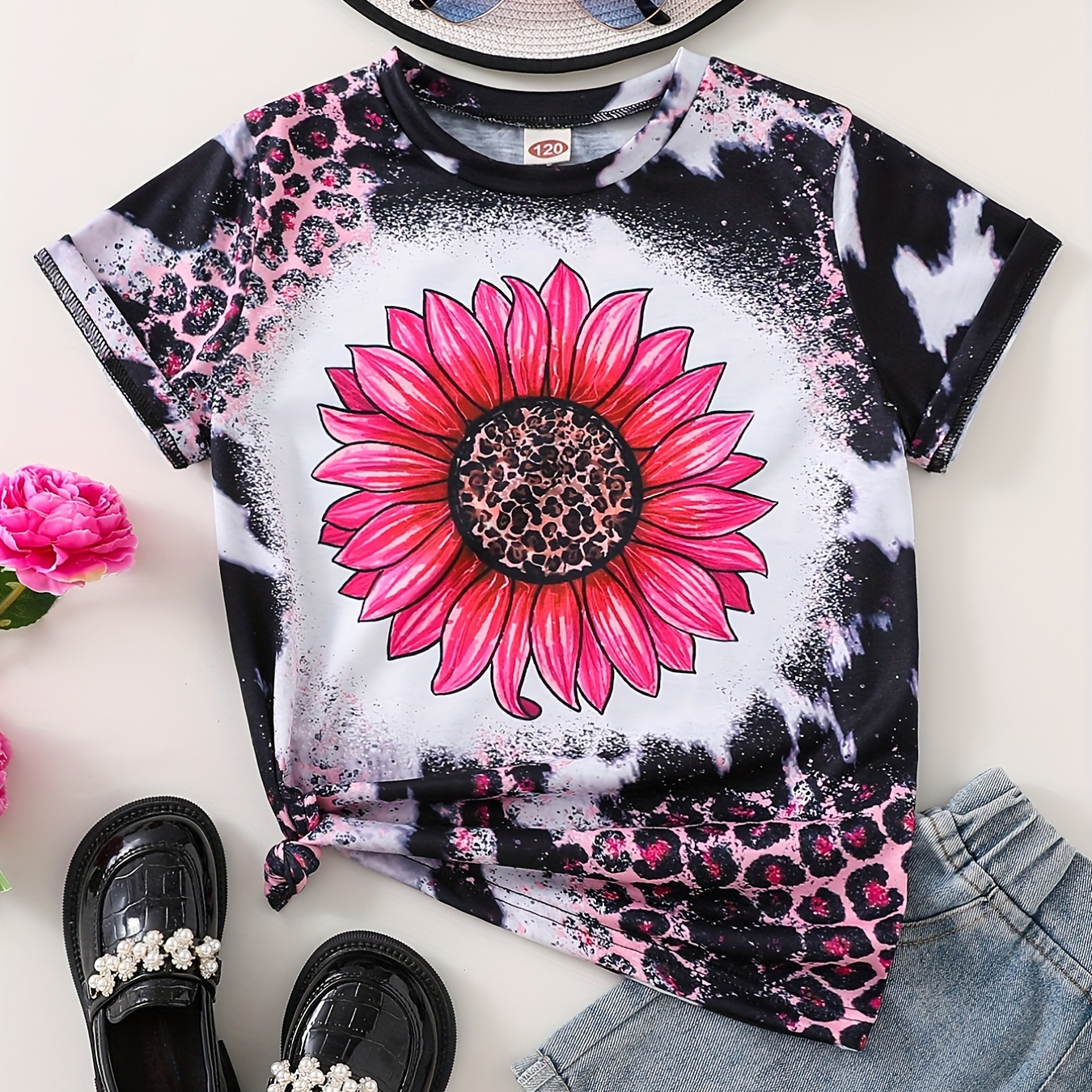 

Girls Leopard Sunflower Graphic T-shirt Casual Round Neck Tees Top Teen Kids Summer Clothes