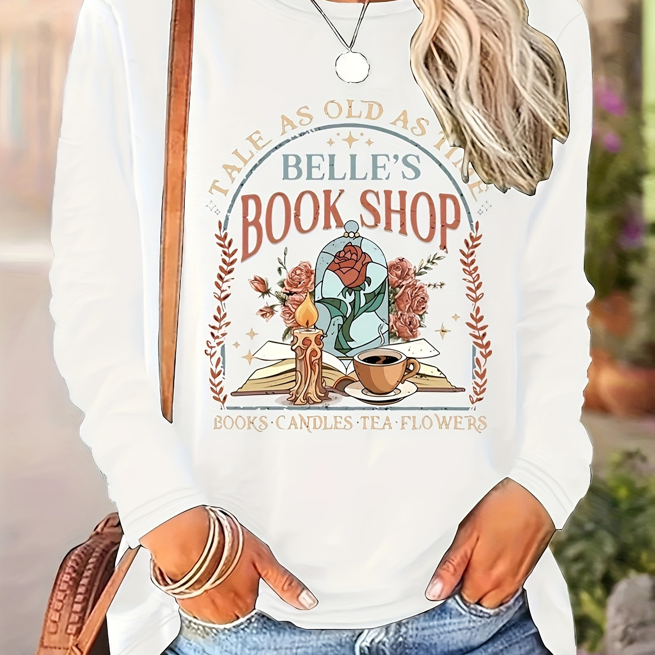 

's Bookshop Graphic Long Sleeve T- For Women - Polyester Round Neckline, Pattern , Unisex /summer/fall Top