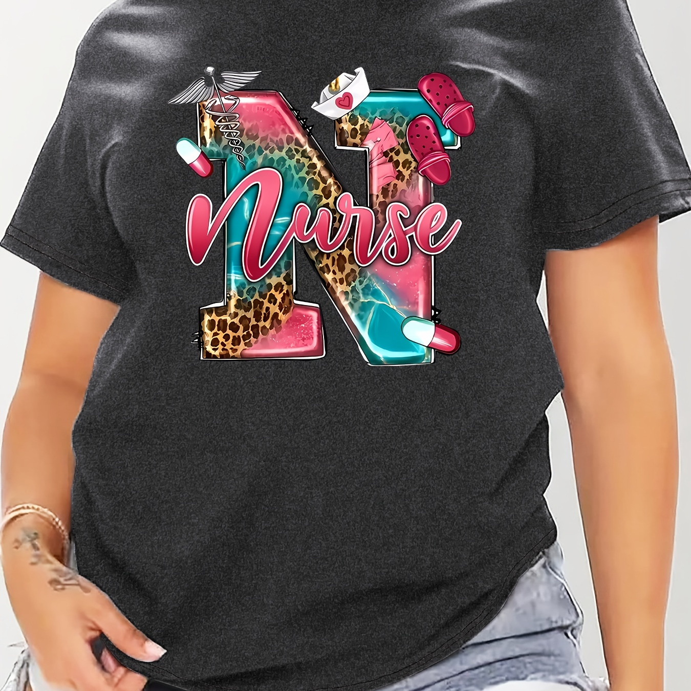 

Women's Plus Size Casual Sporty T-shirt, Nurse Print, Comfort Fit Short Sleeve Tee, Fashion Breathable Casual Top