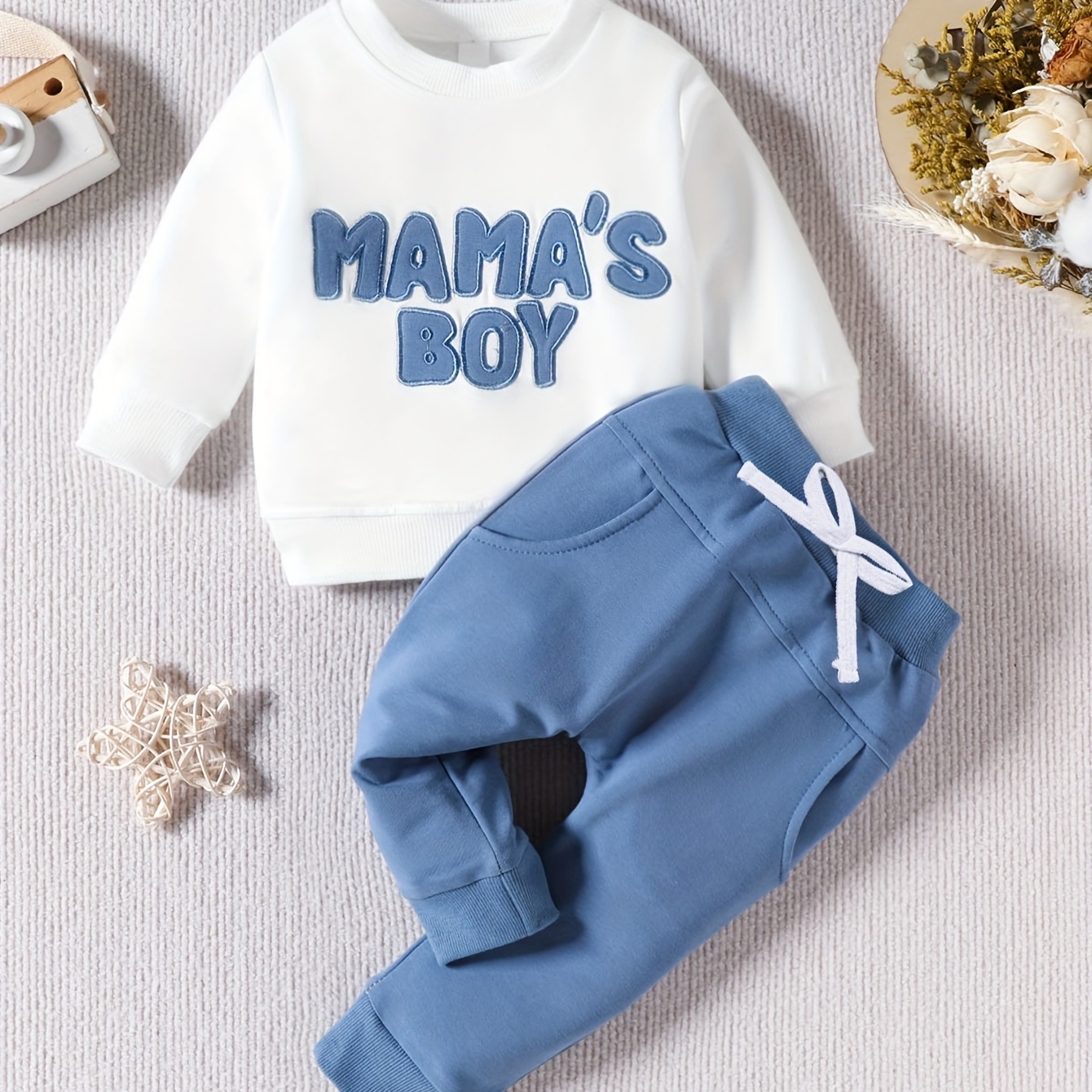 

Cotton Long Sleeve Sweatshirt & Pants Set - Outfit For Baby Boys, Machine Washable, Olive Green With Detail, Outdoor