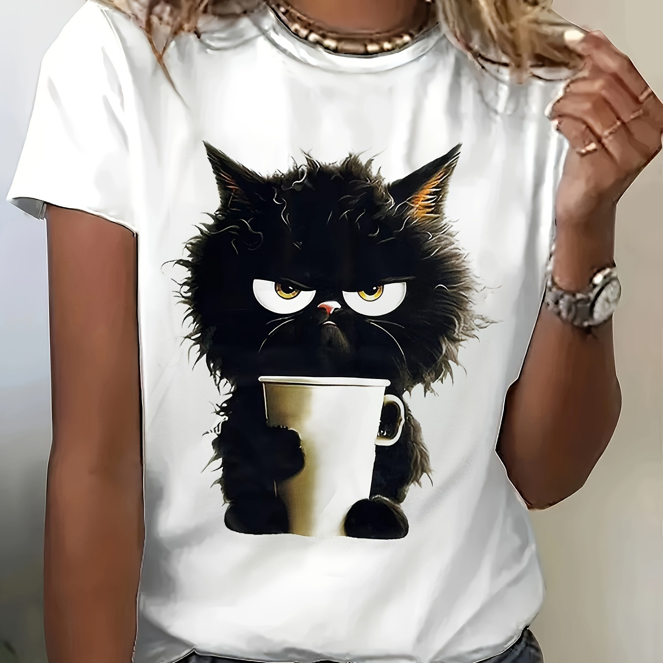 

Cat Print T-shirt, Casual Short Sleeve Crew Neck Top For Spring & Summer, Women's Clothing