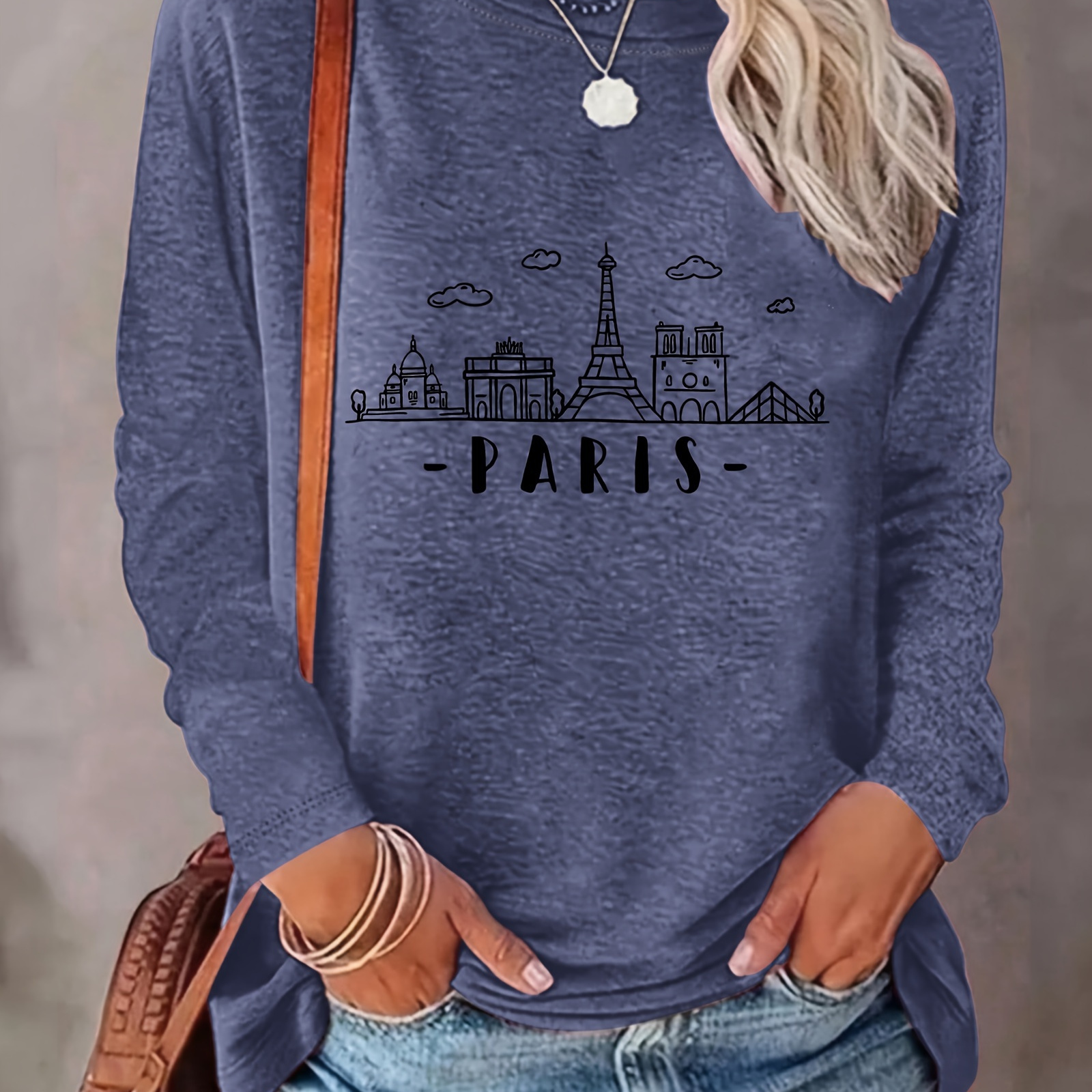 

Eiffel Tower Print T-shirt, Long Sleeve Crew Neck Casual Top For Spring & Fall, Women's Clothing