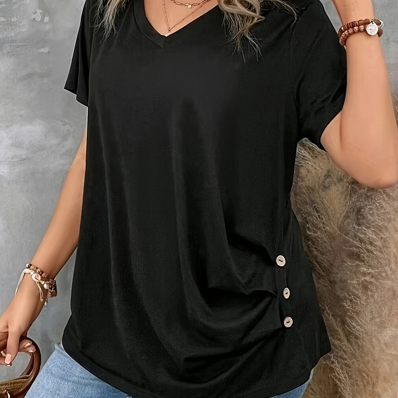 

-size Women's Pleated V-neck Short-sleeve T-shirt Top