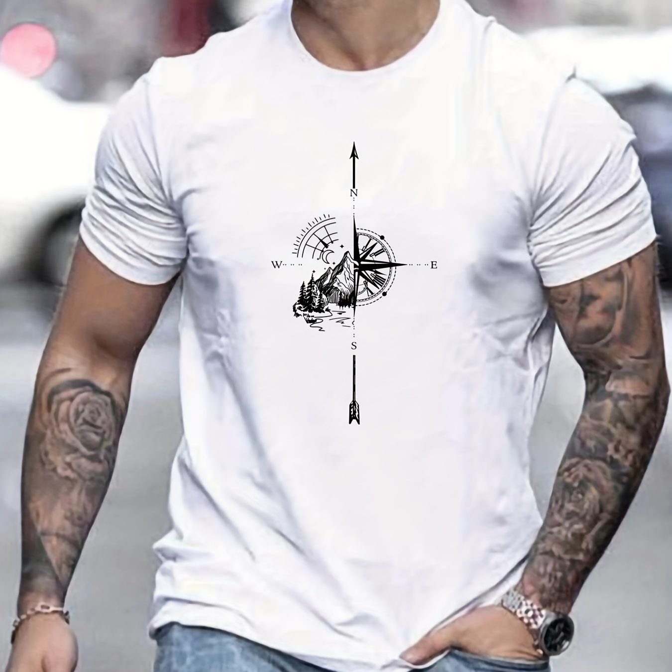 

Mountain And Compass Pattern Print Men's Comfy T-shirt, Graphic Tee Men's Summer Outdoor Clothes, Men's Clothing, Tops For Men