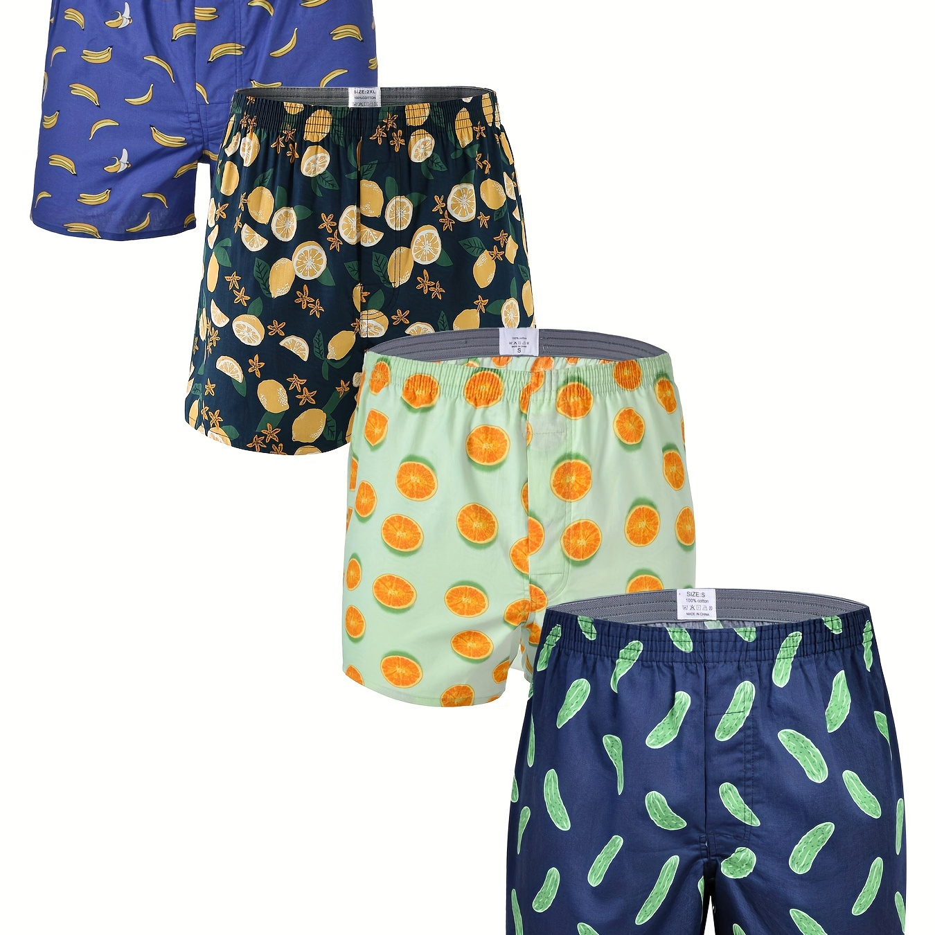 

4 Pack Men's 100% Cotton Underwear Casual Loose Fit Boxers With Funny Print Pattern