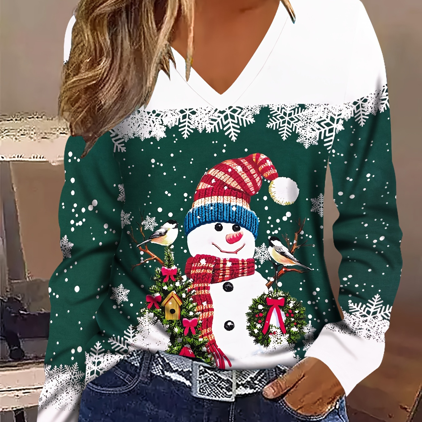 

Women's Christmas Snowman & V- Long Sleeve T- - Top, Polyester ,