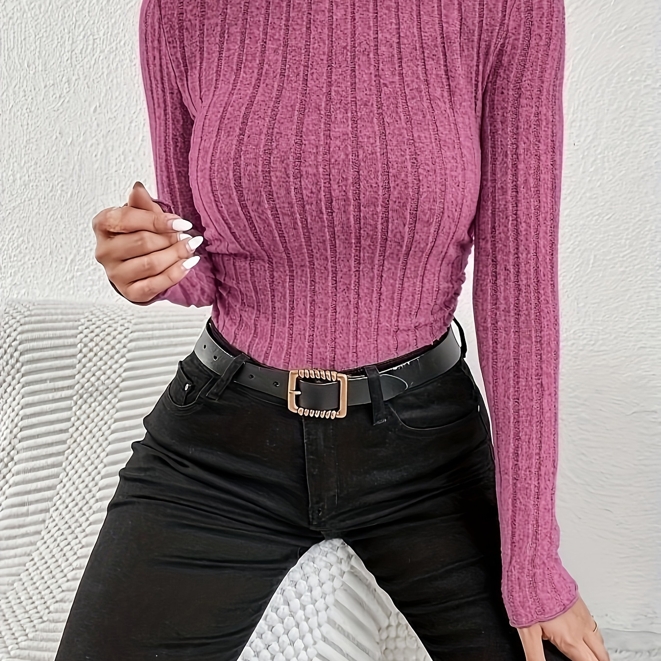 

1pc Elegant High Neck Ruffle Detail Turtleneck Sweater For Women, 95% Polyester 5% Spandex Knit Fabric, Solid Color, Fashion Pullover